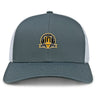 The Arrows Rugby Club 10th Anniversary Retro Trucker Cap by EMB S&S Activewear features a gray and white design, an embroidered black and gold "2003-2023" emblem on the front, and an adjustable snapback closure.