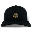 The EMB S&S Activewear Arrows Rugby Club 10th Anniversary Retro Trucker Cap is a black and white hat with a gold-accented circular embroidered front design and snapback closure.