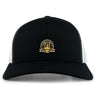 The EMB S&S Activewear Arrows Rugby Club 10th Anniversary Retro Trucker Cap is a black and white hat with a gold-accented circular embroidered front design and snapback closure.