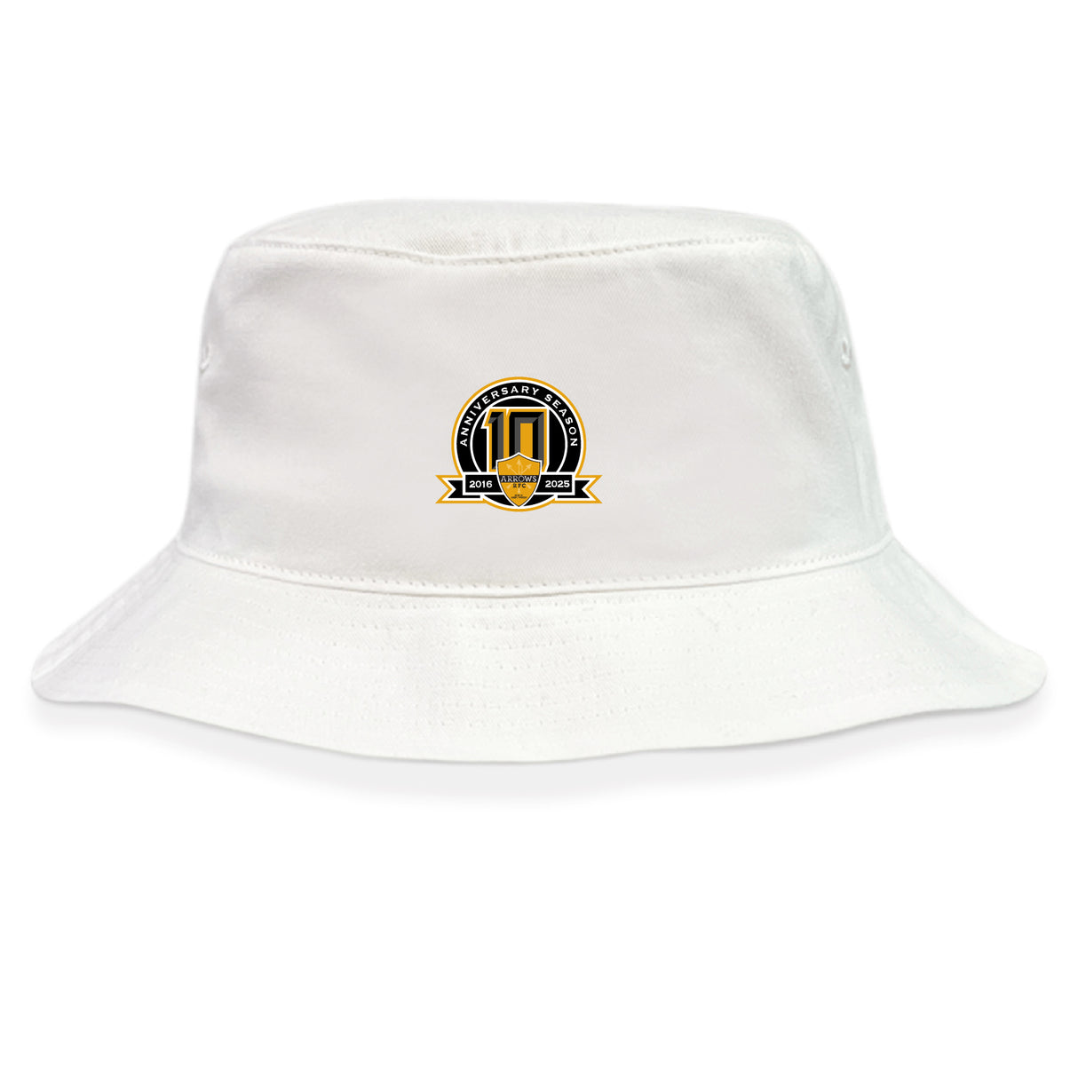 The Arrows Rugby Club 10th Anniversary Crusher Bucket Cap by EMB S&S Activewear is a white cotton twill hat featuring a black and gold emblem with "1923" and "2023" on the front, blending classic style with sun protection.