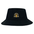 The Arrows Rugby Club 10th Anniversary Crusher Bucket Cap by EMB S&S Activewear features an embroidered yellow and black crest logo with text and a shield—stylish sun protection for any occasion.
