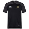 The Arrows Rugby Club 10th Anniversary Vapodri Evader Jersey by EMB Canterbury is a black, short-sleeved rugby top with a yellow and black crest, Canterbury logo, and moisture-wicking fabric for comfort.