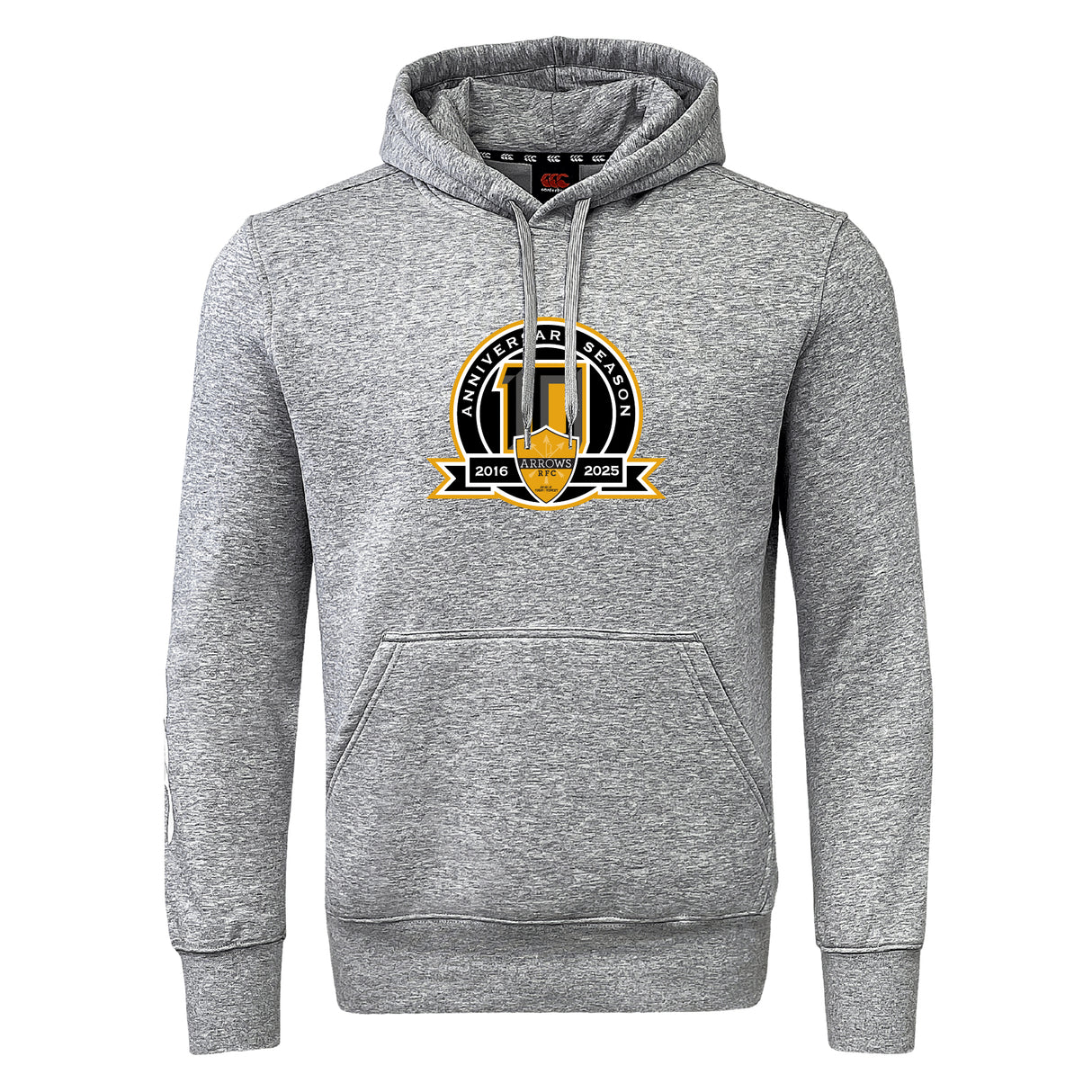 The Arrows Rugby Club 10th Anniversary Club Hoodie by WRS Canterbury is a gray hoodie with a front pocket and a chest emblem showing "2016 - 2025" and "Anniversary Season.
