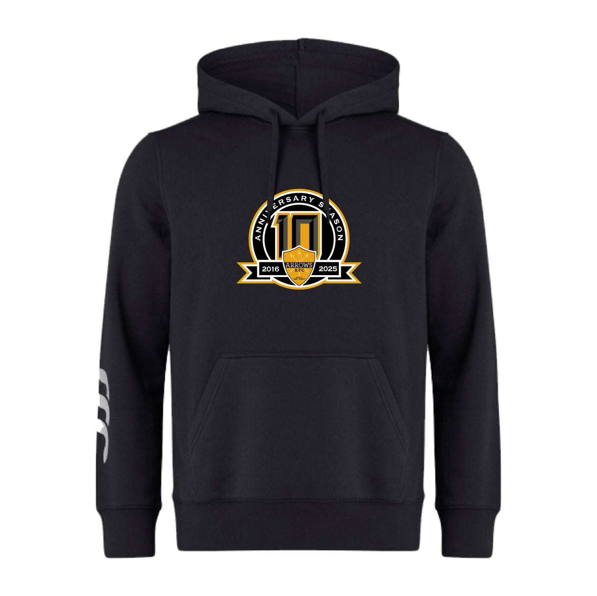 The Arrows Rugby Club 10th Anniversary Club Hoodie by WRS Canterbury features a gold and white emblem with "10th Anniversary" (2013–2023) and stylized "10" on the chest, plus a white stripe on the left sleeve.