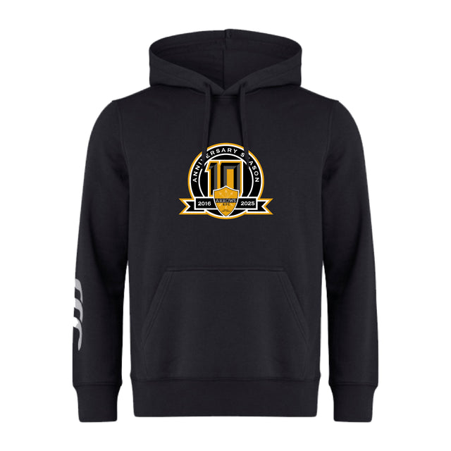 The Arrows Rugby Club 10th Anniversary Club Hoodie by WRS Canterbury features a gold and white emblem with "10th Anniversary" (2013–2023) and stylized "10" on the chest, plus a white stripe on the left sleeve.