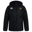 The Arrows Rugby Club 10th Anniversary Vaposhield Full Zip Rain Jacket by EMB Canterbury features a black design with hood, front zipper, right-chest Canterbury logo, left gold crest emblem, and VapoShield tech for water resistance.
