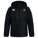 The Arrows Rugby Club 10th Anniversary Vaposhield Full Zip Rain Jacket by EMB Canterbury features a black design with hood, front zipper, right-chest Canterbury logo, left gold crest emblem, and VapoShield tech for water resistance.