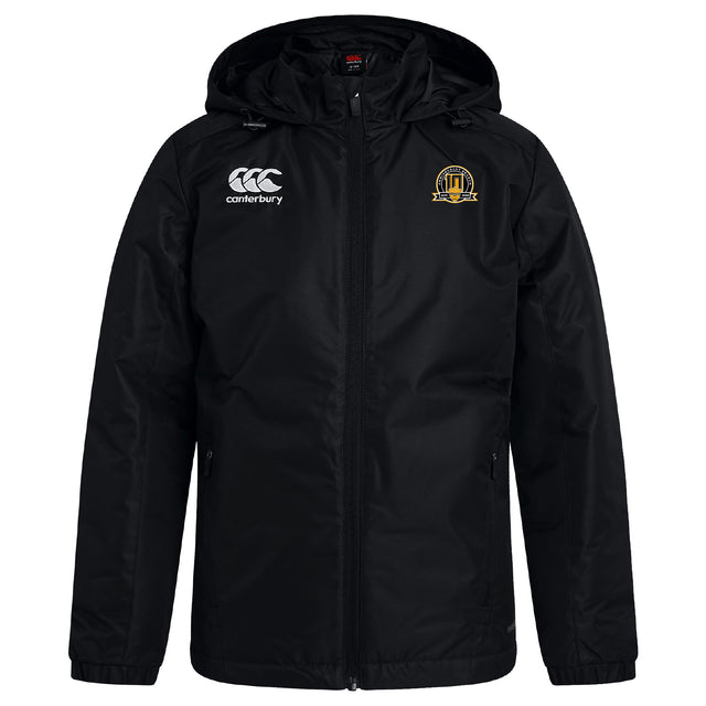 The Arrows Rugby Club 10th Anniversary Vaposhield Full Zip Rain Jacket by EMB Canterbury features a black design with hood, front zipper, right-chest Canterbury logo, left gold crest emblem, and VapoShield tech for water resistance.