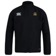 The Arrows Rugby Club 10th Anniversary Club Track Jacket by EMB Canterbury is a black, lightweight jacket with a Canterbury logo on the right chest and a yellow embroidered emblem on the left—ideal for club wear.