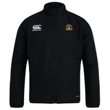 The Arrows Rugby Club 10th Anniversary Club Track Jacket by EMB Canterbury is a black, lightweight jacket with a Canterbury logo on the right chest and a yellow embroidered emblem on the left—ideal for club wear.