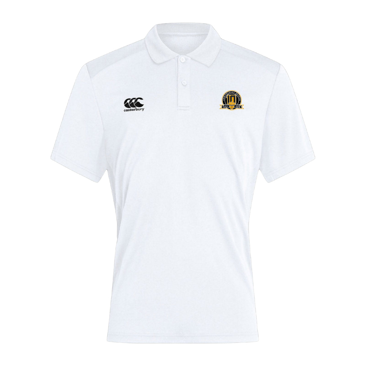 The Arrows Rugby Club 10th Anniversary Club Dry Polo by EMB Canterbury is a white short-sleeve polo with collar, Vapodri Technology, a black Canterbury logo on the right chest, and a yellow-and-black crest on the left chest.