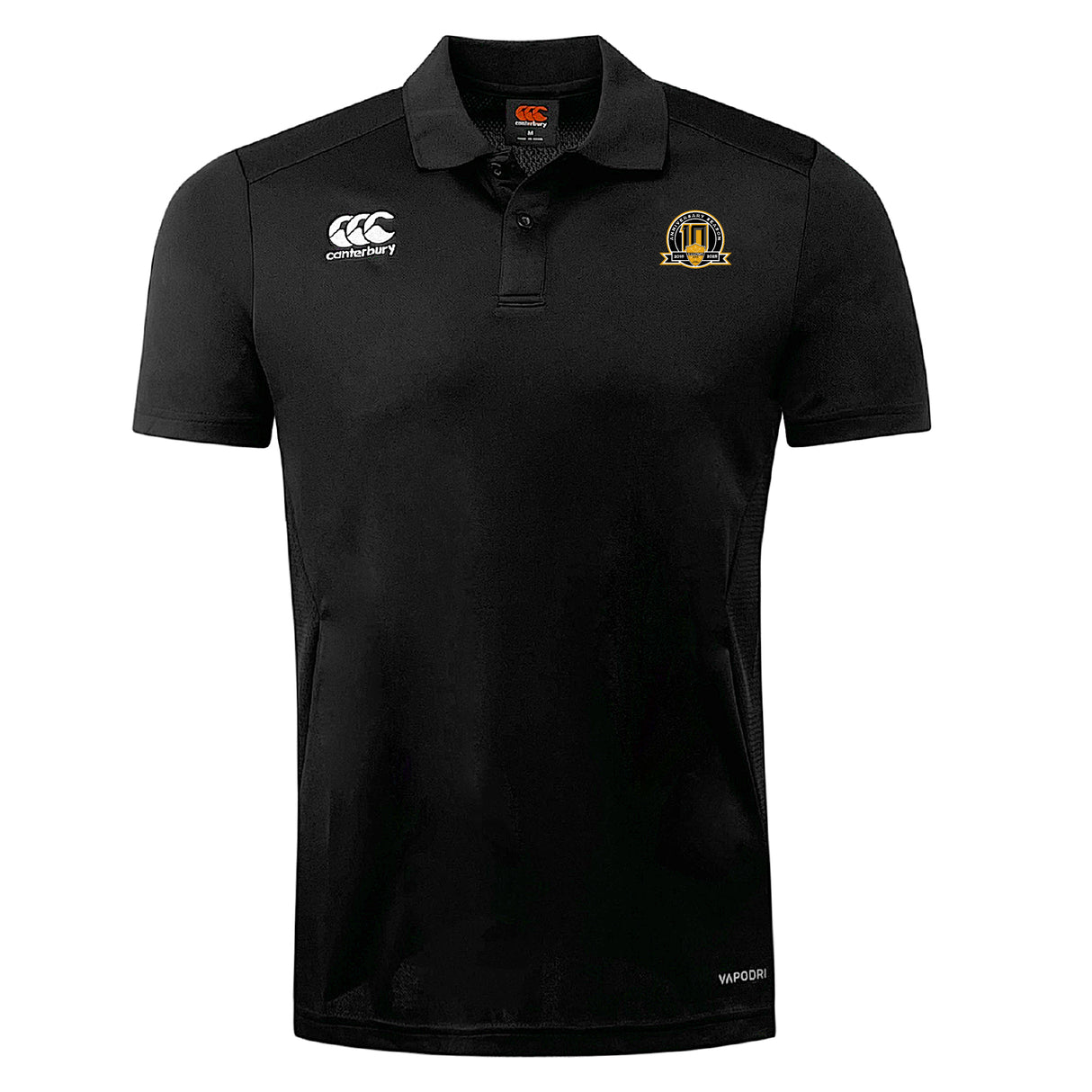 The Arrows Rugby Club 10th Anniversary Club Dry Polo by EMB Canterbury is a black short-sleeve polo with collar, two chest logos, three-button placket, and advanced Vapodri Technology for cool comfort.