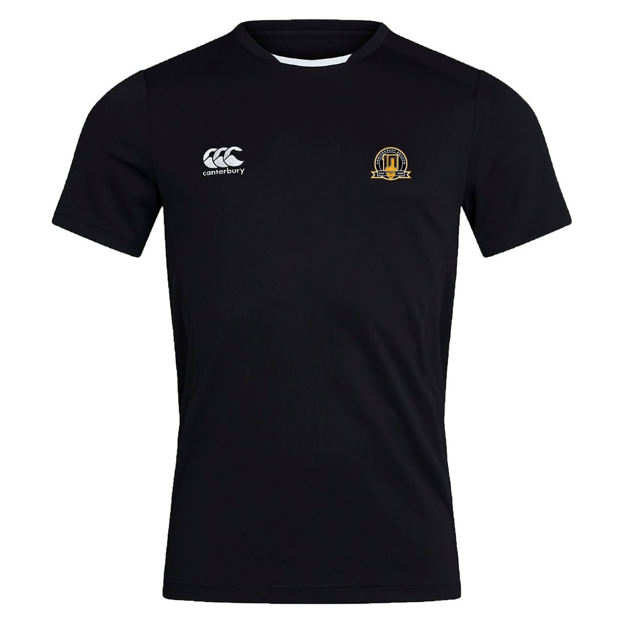 The Arrows Rugby Club 10th Anniversary Club Dry Tee by EMB Canterbury is a plain black short-sleeve sports jersey, featuring Vapodri Technology for breathability, with the Canterbury logo and club emblem on the chest.