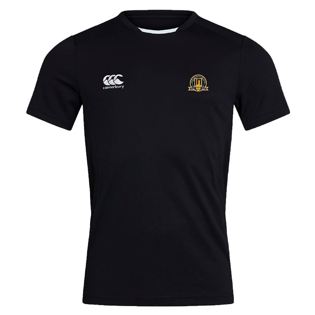 The Arrows Rugby Club 10th Anniversary Club Dry Tee by EMB Canterbury is a plain black short-sleeve sports jersey, featuring Vapodri Technology for breathability, with the Canterbury logo and club emblem on the chest.