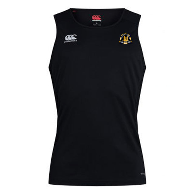 The Arrows Rugby Club 10th Anniversary Club Dry Singlet by EMB Canterbury is a sleeveless black tank with Vapodri Technology, white logo on the right chest, and yellow-black crest—ideal for high-performance athletic wear.