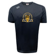 The Arrows Rugby Club 10th Anniversary Tempo Vapodri T-Shirt by WRS Canterbury is a black short-sleeve tee with a gold and black emblem reading "Anniversary Season 2016–2023" and logo on the shoulder. Moisture-wicking for comfort and style.