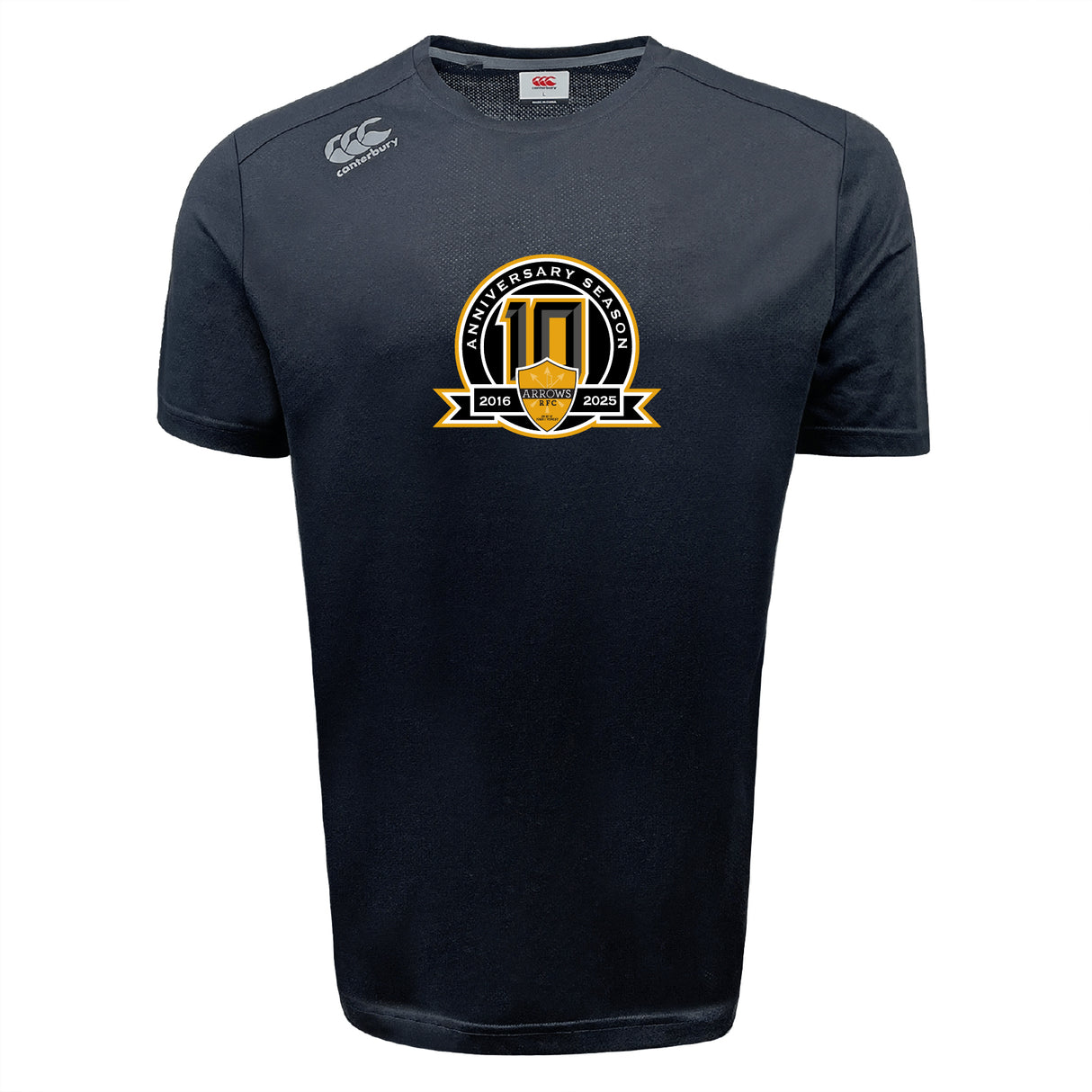 The Arrows Rugby Club 10th Anniversary Tempo Vapodri T-Shirt by WRS Canterbury is a black short-sleeve tee with a gold and black emblem reading "Anniversary Season 2016–2023" and logo on the shoulder. Moisture-wicking for comfort and style.