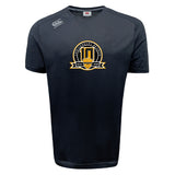 The Arrows Rugby Club 10th Anniversary Tempo Vapodri T-Shirt by WRS Canterbury is a black short-sleeve tee with a gold and black emblem reading "Anniversary Season 2016–2023" and logo on the shoulder. Moisture-wicking for comfort and style.