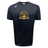 The Arrows Rugby Club 10th Anniversary Tempo Vapodri T-Shirt by WRS Canterbury is a black short-sleeve tee with a gold and black emblem reading "Anniversary Season 2016–2023" and logo on the shoulder. Moisture-wicking for comfort and style.