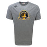 The Arrows Rugby Club 10th Anniversary Tempo Vapodri T-Shirt by WRS Canterbury is a gray short-sleeve tee with a gold and black shield logo, “Anniversary Season,” and years 2016-2025 on a yellow ribbon. Moisture-wicking for peak athletic performance.