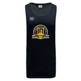 The Arrows Rugby Club 10th Anniversary Tempo Vapodri Singlet by WRS Canterbury is a black recycled polyester sleeveless jersey with a gold "2016-2025" anniversary badge and the manufacturer logo on the chest.