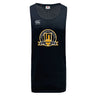 The Arrows Rugby Club 10th Anniversary Tempo Vapodri Singlet by WRS Canterbury is a black recycled polyester sleeveless jersey with a gold "2016-2025" anniversary badge and the manufacturer logo on the chest.
