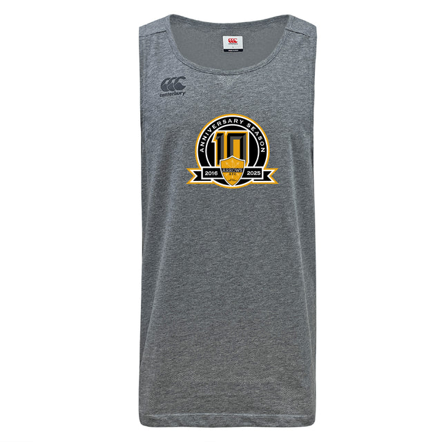 The Arrows Rugby Club 10th Anniversary Tempo Vapodri Singlet by WRS Canterbury is a gray, sleeveless singlet made from recycled polyester with a "10th Anniversary Season 2016–2025" chest logo and a Canterbury logo on the left shoulder.