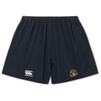 The EMB Canterbury Arrows Rugby Club 10th Anniversary Yokohama Short features a black design with an elastic waistband, white Canterbury logo, and a yellow embroidered emblem on the front.