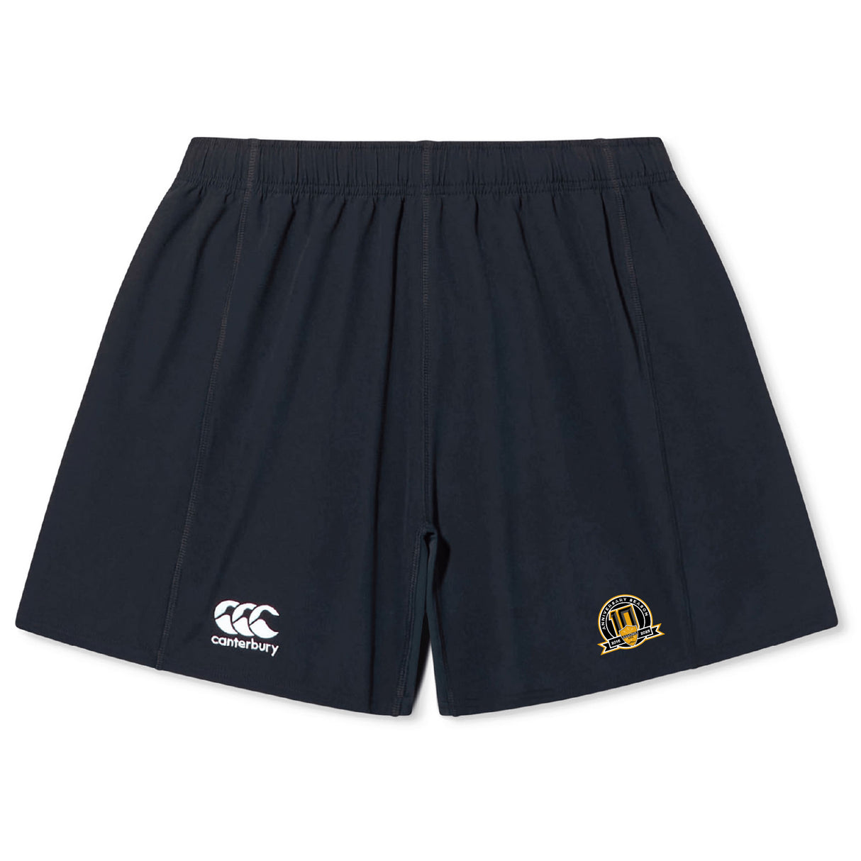 The EMB Canterbury Arrows Rugby Club 10th Anniversary Yokohama Short features a black design with an elastic waistband, white Canterbury logo, and a yellow embroidered emblem on the front.