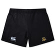 The Arrows Rugby Club 10th Anniversary Women's Yokohama Short by EMB Canterbury features a black design with the Canterbury logo on the left leg and a yellow embroidered crest on the right—ideal women's rugby shorts for comfort and style.