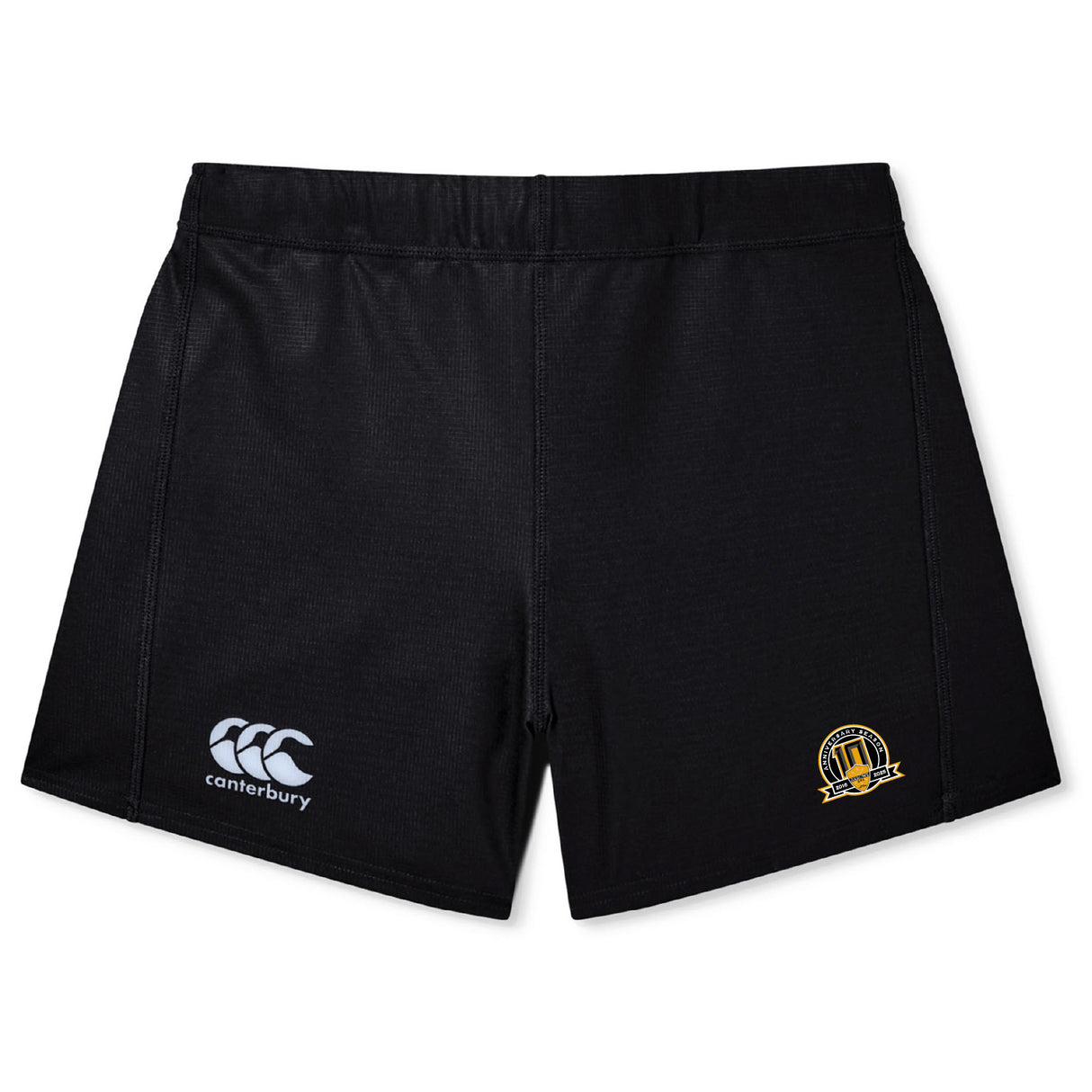 The Arrows Rugby Club 10th Anniversary Women's Yokohama Short by EMB Canterbury features a black design with the Canterbury logo on the left leg and a yellow embroidered crest on the right—ideal women's rugby shorts for comfort and style.