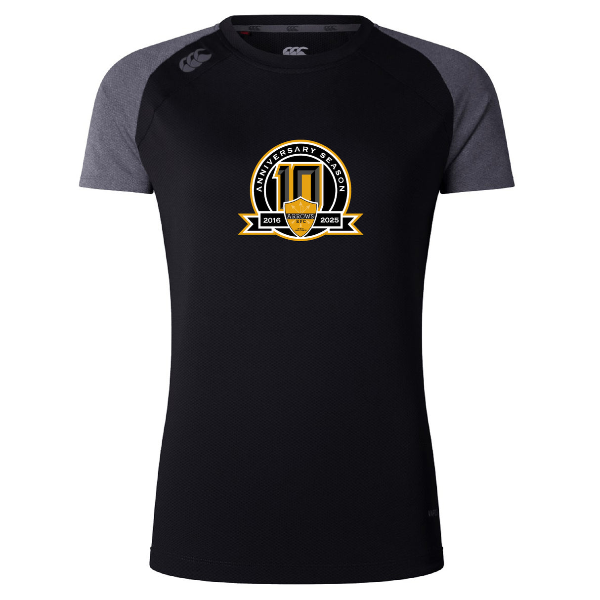 The Arrows Rugby Club 10th Anniversary Women's Elite Training Tee by WRS Canterbury features black and grey recycled polyester, a chest shield, and "10th Anniversary Season 2016–2026" logo.
