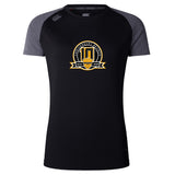 The Arrows Rugby Club 10th Anniversary Women's Elite Training Tee by WRS Canterbury features black and grey recycled polyester, a chest shield, and "10th Anniversary Season 2016–2026" logo.