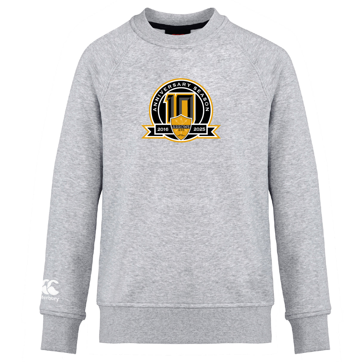The Arrows Rugby Club 10th Anniversary Club Crew Sweatshirt by WRS Canterbury is a light gray, ultra soft sweatshirt with a "10th Anniversary Season 2016-2026" chest emblem and embroidered Canterbury logo on the left sleeve.