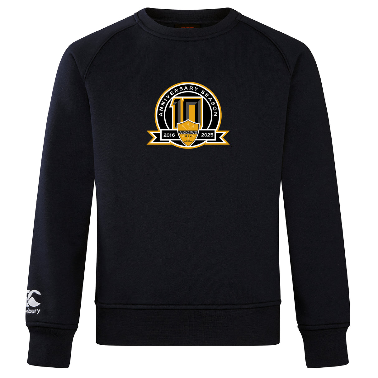 The Arrows Rugby Club 10th Anniversary Club Crew Sweatshirt by WRS Canterbury is a black ultra-soft sweatshirt with a "10th Anniversary Season 2015-2025" chest emblem and a small white Canterbury logo on the left sleeve.