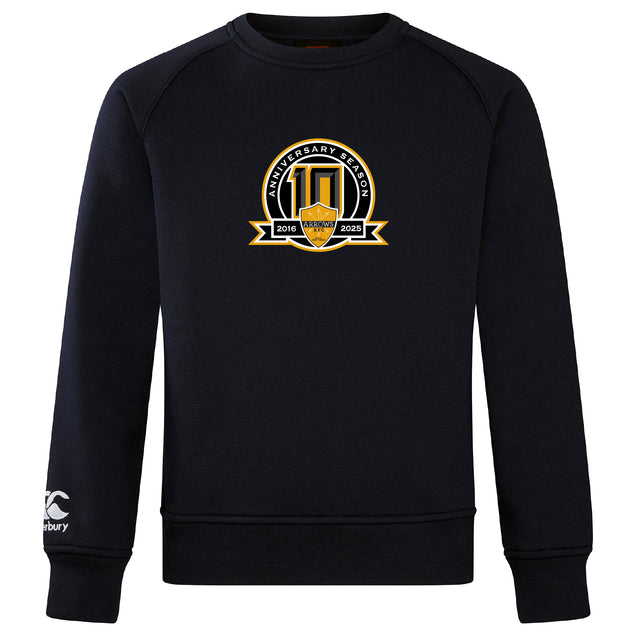 The Arrows Rugby Club 10th Anniversary Club Crew Sweatshirt by WRS Canterbury is a black ultra-soft sweatshirt with a "10th Anniversary Season 2015-2025" chest emblem and a small white Canterbury logo on the left sleeve.