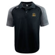 The Arrows Rugby Club 10th Anniversary Elite Polo by EMB Canterbury features black and grey short sleeves, a buttoned collar, grey shoulders and sleeves, an embroidered yellow and black chest logo, and lightweight Vapodri fabric for comfort.