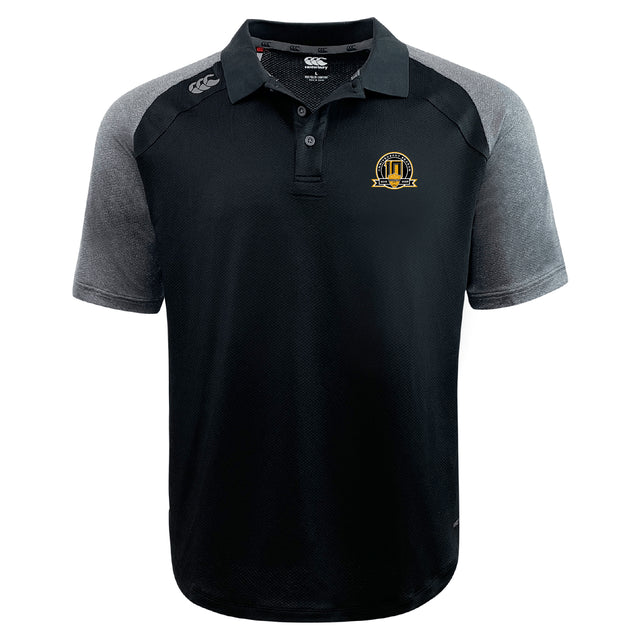 The Arrows Rugby Club 10th Anniversary Elite Polo by EMB Canterbury features black and grey short sleeves, a buttoned collar, grey shoulders and sleeves, an embroidered yellow and black chest logo, and lightweight Vapodri fabric for comfort.