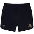 The Arrows Rugby Club 10th Anniversary Elite Woven Shorts by EMB Canterbury feature the CCC logo on the left leg, a yellow and black club emblem on the right, and zippered pockets for secure storage during training.