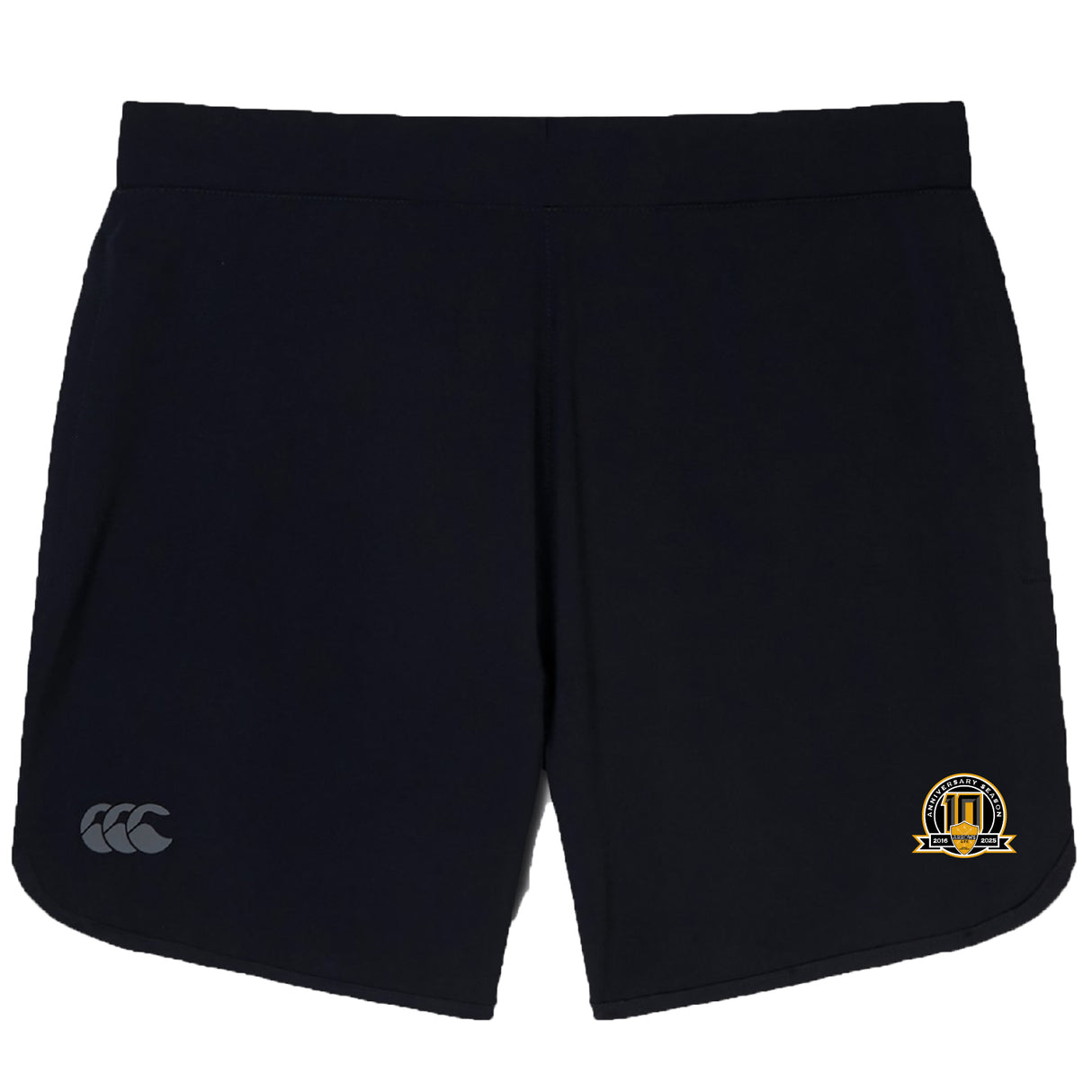 The Arrows Rugby Club 10th Anniversary Elite Woven Shorts by EMB Canterbury feature the CCC logo on the left leg, a yellow and black club emblem on the right, and zippered pockets for secure storage during training.