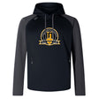 The Arrows Rugby Club 10th Anniversary Elite Training Hoody by WRS Canterbury features black and dark gray colors, a zippered pocket, and a gold/white "Anniversary Season 2016-2022" logo—ideal custom sportswear for any occasion.