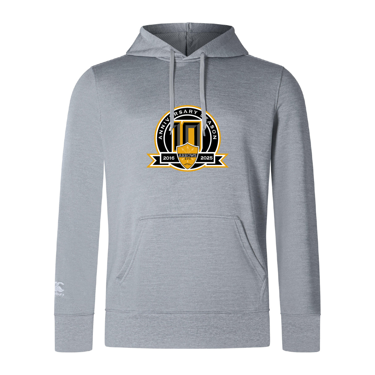 The Arrows Rugby Club 10th Anniversary Club Lightweight Hoodie by WRS Canterbury features a light gray design with a black, gold, and white 2016-2023 anniversary logo on the front center.