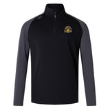 The Arrows Rugby Club 10th Anniversary Elite First Layer by EMB Canterbury is a black and gray long-sleeve rugby training top with a quarter-zip collar, gold and white crest, and advanced VapoDri tech for comfort.