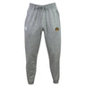 The EMB Canterbury Arrows Rugby Club 10th Anniversary Leisure Sweatpant features sustainable gray fleece, a drawstring waist, a white logo on the left thigh, and a small yellow and black emblem on the right thigh.