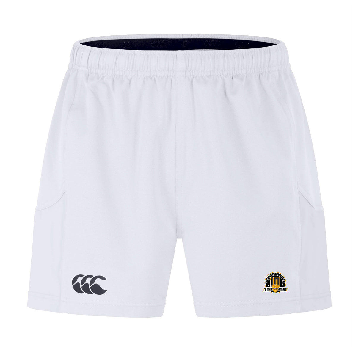 Arrows Rugby Club 10th Anniversary Advantage Short 2.0 by EMB Canterbury features an elastic waistband, a black Canterbury logo on the left leg, and a yellow and black embroidered crest on the right—a smart, sustainable sportswear choice.
