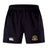 The Arrows Rugby Club 10th Anniversary Advantage Short 2.0 by EMB Canterbury features an elastic waistband, white Canterbury logo on the left leg, and a gold-and-black crest on the right—perfect sustainable sportswear for athletes.