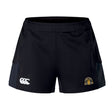 The EMB Canterbury Arrows Rugby Club 10th Anniversary Women's Advantage Short 2.0 features a white Canterbury logo on the left and a gold and black embroidered Arrows emblem on the right.