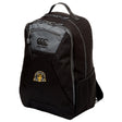 The Arrows Rugby Club 10th Anniversary Medium Backpack by EMB Canterbury is a black and gray athletic gear bag with a zippered front pocket, side mesh pocket, water repellent finish, and a gold-and-black crest logo featuring "17".