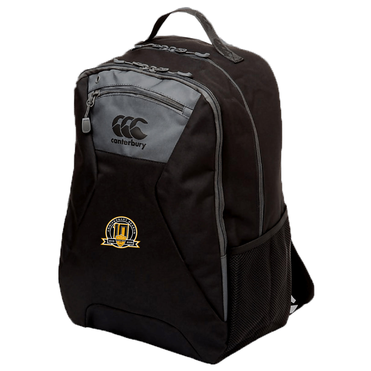 The Arrows Rugby Club 10th Anniversary Medium Backpack by EMB Canterbury is a black and gray athletic gear bag with a zippered front pocket, side mesh pocket, water repellent finish, and a gold-and-black crest logo featuring "17".