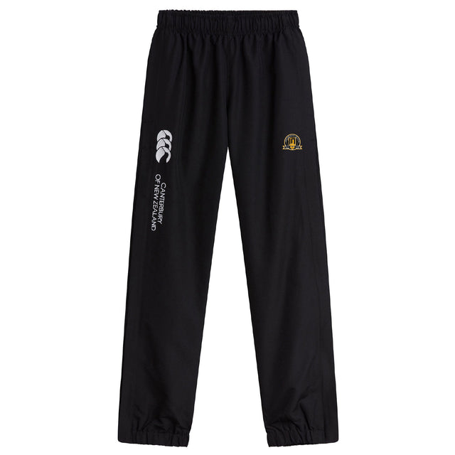 The EMB Canterbury Arrows Rugby Club 10th Anniversary Cuffed Hem Stadium Pant features an elastic waistband, a white Canterbury of New Zealand logo, a gold emblem on the front left leg, and delivers comfort and style for active days.
